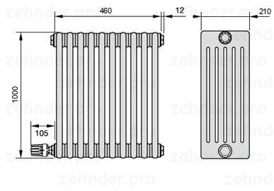 Схема (чертеж) Радиатор Zehnder Charleston 6100/10 №V004 Белый глянцевый RAL 9016